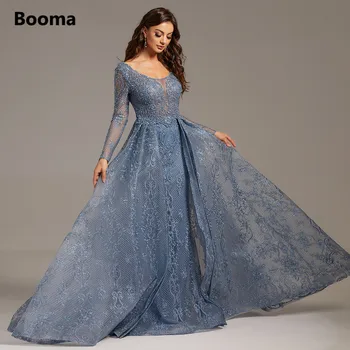 Booma сини Луксозни вечерни рокли с тежка бродерия на мъниста, широки поли с дълги ръкави, иллюзионные вечерни рокли Реални снимки