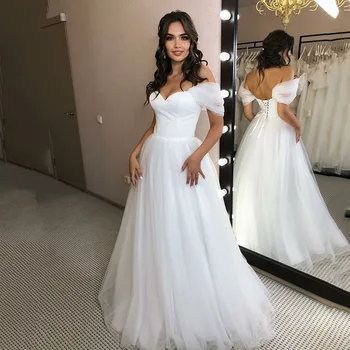 Msikoods Сватбени рокли принцеса с открити рамене, бяла сватбена рокля в стил бохо от тюл, елегантна булката рокля дантела и с отворен гръб