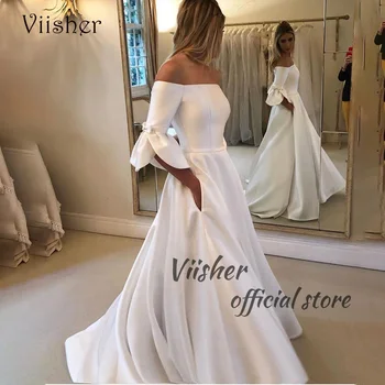 Viisher Бели сатенени сватбени рокли трапецовидна форма, с деколте лодка, в елегантна рокля на булката с джобове, дълги сватбени рокли за цивилни
