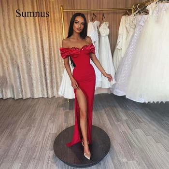 Sumnus, червени вечерни рокли на Русалка с открити рамене, 2023, ликра, сатен мъниста, секси рокля за абитуриентски бал с цепка отстрани, дължина до пода