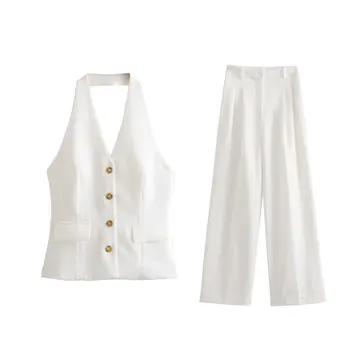 Костюм на жена от 2 теми 2023, модерен шик жилетка в ретро стил, с яка-хомутом, блуза + нагънат широки панталони, костюми