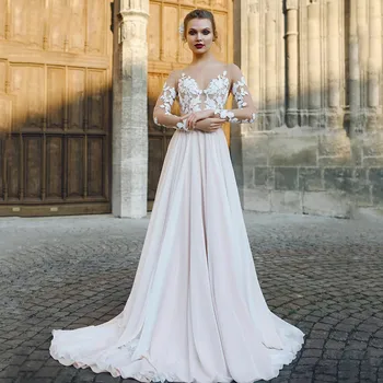 2021 Шифоновые сватбени рокли трапецовидна форма в стил бохо, дантелени апликации с дълъг ръкав за жени, бяла сватбена рокля с V-образно деколте и с отворен гръб, сватбена рокля