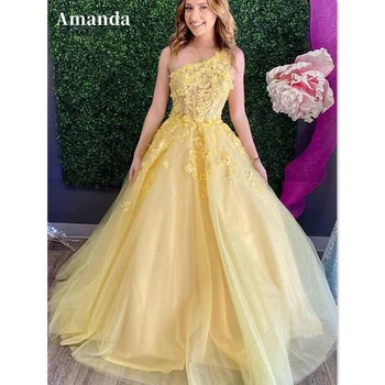 Аманда нежна дантела, Возгл вечерна рокля сладък светло жълта рокля за бала 2023 ръкави линия рокля فساتين مناسبة رسمية