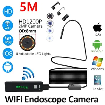 2/5/10 М WIFI Ендоскоп Камера HD 1200 P 8 8 мм LED Мини Водоустойчив Твърд Кабел Инспектиращата Помещение Бороскоп за Iphone PC IOS