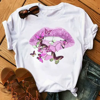 Тениска с принтом розови устни и пеперуди, новата модерна дамска тениска, дамски блузи с къс ръкав, дамски сладка тениска с изображение тениска