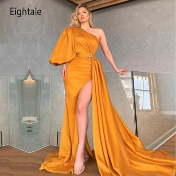 Осмоъгълна арабското златна вечерна рокля, атласное с цепка отстрани, сшитое по поръчка, дълга рокля за бала в Дубай, официална рокля за сватбени партита 2021