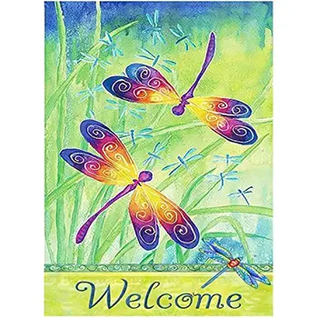 Ново добре дошли, пролет-лято, водни кончета, пеперуди, цветя, двупосочен домашен флаг, градински банер, Здравей, пролет-лято, цвете полет