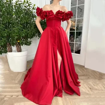 Елегантни вечерни червени рокли за бала с открити рамене, цветя, ръчно изработени, вечерни рокли трапецовидна форма с цепка, с дълги вечерни рокли с копчета, новост 2023