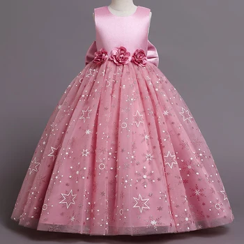 Работа-розова дълга празнична рокля за по-малките момичета, детски официални рокли на принцеси от тюл, бална рокля с цветя модел за по-големите деца на 11 години за лятото