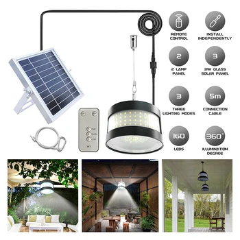 160 led соларни лампи с дистанционно управление, прожектор за външно осветление IP65, водоустойчив висящи лампи за гараж, склад, къмпинг, градина