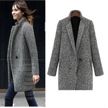 Есенно-зимно дамско палто с джоб на едната пуговице, дълъг тренч, полушерстяное палто в клетката, връхни дрехи, бельо вълнена палта, палто