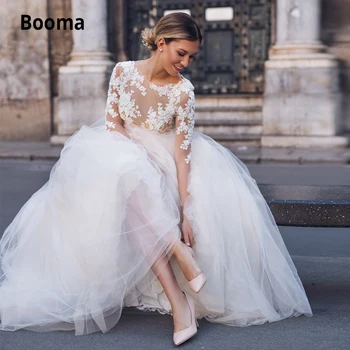 Booma тюлевые сватбени рокли Boho 2019 Иллюзионное дантелено сватбена рокля с дълги ръкави, елегантна плажна сватбена рокля в бохемски стил, по-големи размери