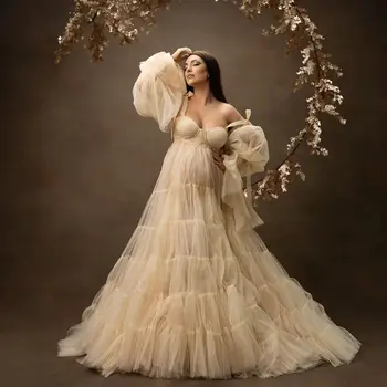 Пищни дълга рокля за фотосесия за бременни, тюлевый прозрачен ръкав с открити рамене, сватбена дреха, бельо, халати за бременни