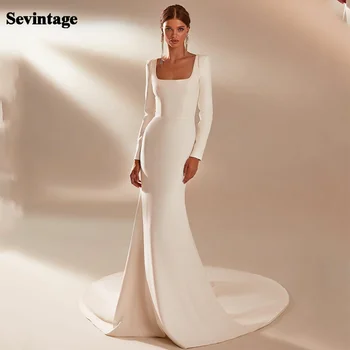 Sevintage Прости сватбени рокли с дълги ръкави Русалка Модерна сватбена рокля на принцеса с отворен гръб вечерни рокли плюс размер