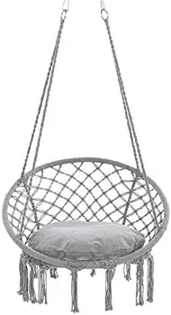 Люлка на въже за стола - 1 възглавница за пълен комплект-Големият висящ стол от ресни с джоб - Висококачествен памучен плат за превъзходен комфорт