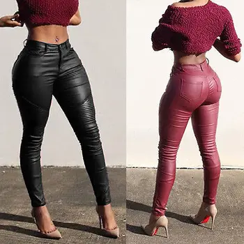 Секси дамски черни червени стрейчевые панталон-молив дамска мода пълна дължина с висока талия, стегнати изкуствена кожа Нов обикновена гамаши, панталони