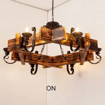 Ретро селски тавана лампа от дърво, кръгъл полилей от желязо, промишлен окачен лампа, деревенское 6-светлина осветление на свещи