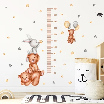 Cartoony сладко бебе Измерване на растеж Плюшени мечки Животни стикер на стената Звезди детски художествени етикети за детска стая Декорация на дома