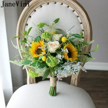 JaneVini Изкуствен жълт слънчоглед Сватбени букети копринени рози Зелени цветя на булката, букет изкуствени цветя 2020