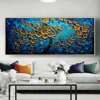 Големи 100% маслени картини с цветя модел ръчно изработени върху платно неоново син цвят със златни растенията, на дърветата, стенни художествени картини за хол