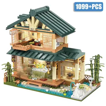 Град, 1099 бр., класически японски модел на двора, строителни блокове с led подсветка, селска къща, вила MOC, тухли, играчки за деца