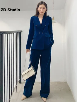 [ZD Studio] Широки панталони, velvet костюм от две части, нов син костюм свободно с намаляване на ревера и дълъг ръкав, женски Tide Пролет-есен 2023