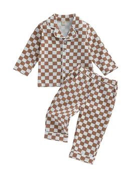 Детски пижамный комплект в клетка с принтом, блузи с дълъг ръкав и копчета, панталони с еластичен ластик на талията, пижами за деца