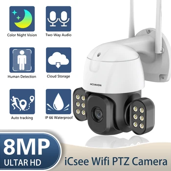 8MP 4K HD WiFi IP Камера Външна PTZ Камера с Автоматично проследяване, Прожектори, Цветна Камера за Нощно Видеонаблюдение, Камера за Сигурност