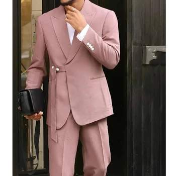 Висококачествени мъжки костюми на розов цвят с ревера, модерен дизайн, мъжко сако, елегантен, ден за ден, сватбен смокинг, костюм от 2 теми, оборудвана