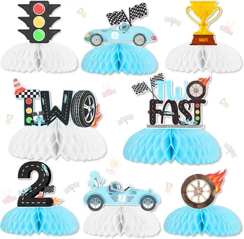 8 теми, два централни елемента под формата на бързи сот, състезателни коли, украса за парти на 2-ри рожден ден за момчета, сини двустранни пишеща машина, декорация на масата