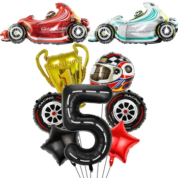 9 бр. декорация за състезателни автомобили, номер на състезателна писта, балон, гума, колелото, шампионска трофей, балон, Hot Wheels, за да проверите за 5-ти рожден ден