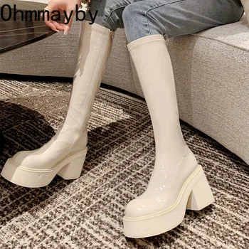 Дамски дълги ботуши в стил пънк, модни обувки, без закопчалка на висока платформа и квадратен ток, зимни дамски елегантни ботуши до коляното