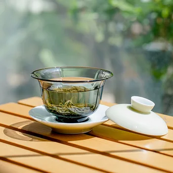 Гайвань супа от супник за тибетската церемония, Японска купа със стъклен капак, единична прозрачна чаена чаша, чай, определени за кунг-фу, Sancai Green Tea Bowl Maker