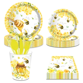 Мультяшные животни Ден медоносной пчелите през Пролетта на детски душ Подаръци за парти по случай рождения ден на Еднократна комплекти чинии, Чаши, салфетки украса