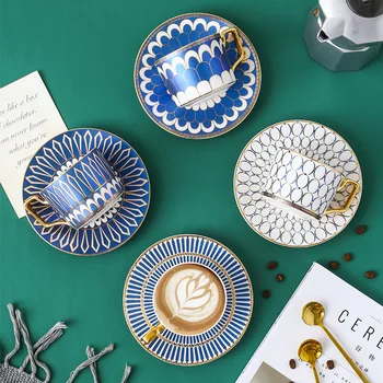 Луксозен комплект марокански кафеени чаши и блюдец в британския стил със златен керамична чаша Handel за следобеден чай, Cappuccino, 250 мл