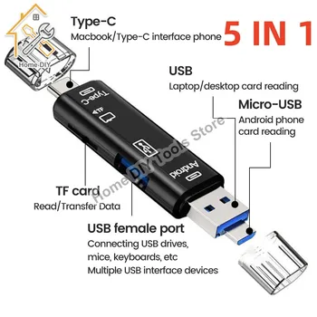 5 в 1 Многофункционално Usb 2.0 Type C/Usb /Micro Usb/Tf/SD четец на карти памет с OTG Card Reader Адаптер за Аксесоари За мобилни телефони