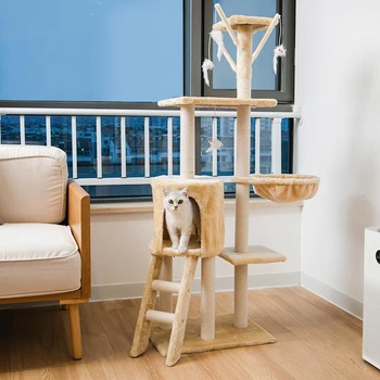 Дървена дограма за катерене в кула с когтеточками 5 слоя, мебели от дърво котешки, домашни играчки за котки, мек плюшен плат