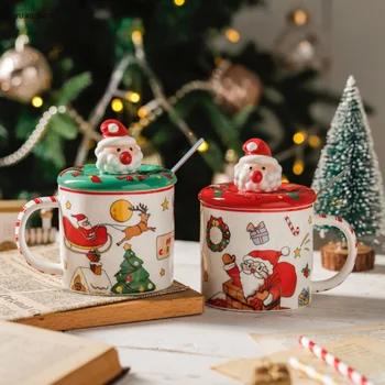 Нова Керамична Чаша, Мультяшная Стъклена Чаша За Вода, Капак за Чаши на Дядо Коледа, Чаша с Голям Капацитет, Коледно Дърво, Креативни Подаръци за Приятели