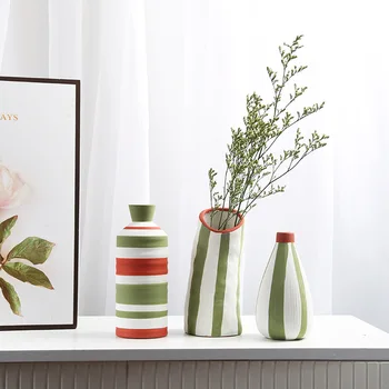Керамични съдове за цветя с ръчно рисувани, стая за проби модерни геометрични линии в скандинавски стил, Настолна керамична ваза за украса