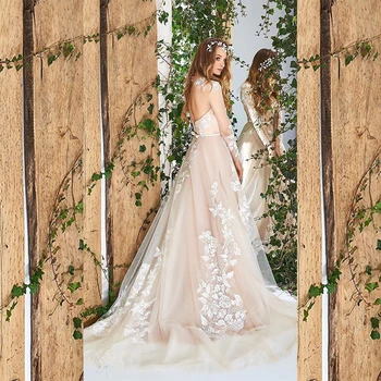 Богемные сватбени рокли трапецовидна форма, с кръгло деколте и дълги ръкави, тюлевые дантелени апликации с дължина до пода, илюзия banta, сватбена рокля Vestito Da Sposa