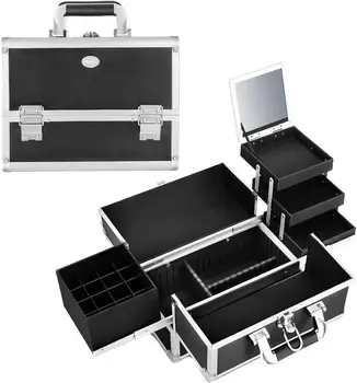 Калъф-органайзер за грим, богат на функции преносима кутия за съхранение на козметика голям капацитет, с 3-пощенска кутия за полиране, огледало с ключалка