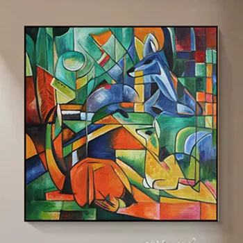 Чиста ръчно рисувани с маслени бои с три елени, абстрактна живопис от животински произход, квадратна проста модерна стена на предната веранда, стълбище, стая