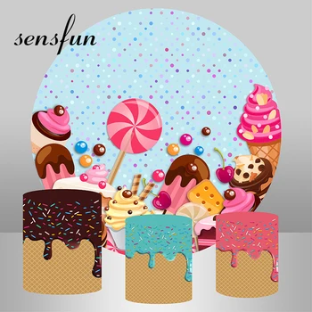 Кръгли профили на Sensfun, тема на сладки бонбони, десерти, партита по повод рождения ден за момичета, кръгли фонове, за снимки, капачки за цокли
