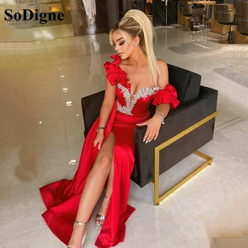 SoDigne Червени сатенени рокли за абитуриентски бал в стил русалка 2022, секси вечерни рокли с цепка отстрани, дълга вечерна рокля с открити рамене, големи размери