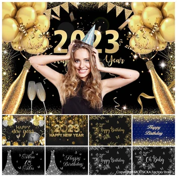 Фонове за парти в чест на рождения ден честита Нова година, златни балони, овесени ядки, украса за шампанско, фон за снимки банери за рожден ден