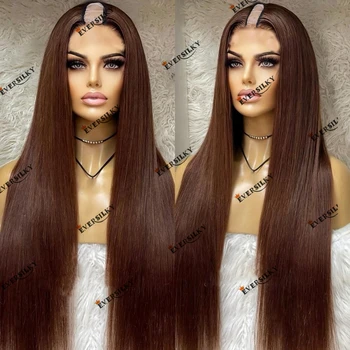 100% Човешка коса тъмно кафява перука от U-образната част на индийски коса Remy за жени машинно производство, V-образна част, копринена права перука от човешка коса 180 плътност