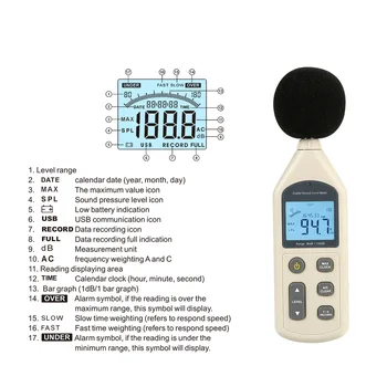 GM1356 измерител на нивото на звука с USB, цифров тестер шум, LCD екран, измерване на звуково налягане, децибеловый монитор, тестер за налягане
