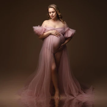 Елегантни розови халати за бременни, за да снимам, 2 броя, рокли за бременни с волани и ръкави трапецовидна форма, рокля за душ с цепка отпред