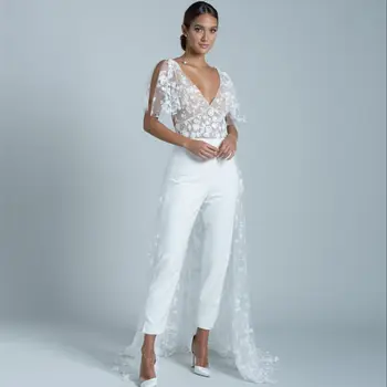 Бял сватбен костюм в стил бохо с отворен гръб, къси ръкави, свързани с V-образно деколте, с плажна сватбена рокля, брючный костюм с влак, Vestidos De Новия