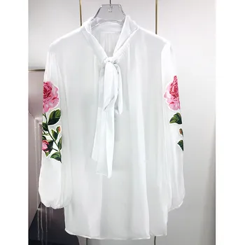 2022 Пролет лято Женски бели ризи с пищни ръкави и лък в френски стил с флорални принтом F118